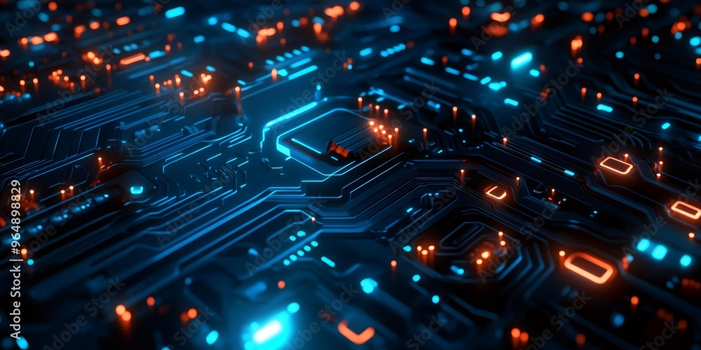 Poster abstract circuit board with blue and orange glowing lines and points.