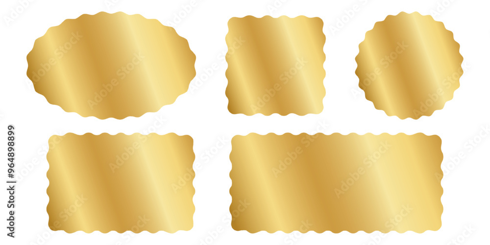 Poster set of golden oval, square, rectangle and circle shapes with wavy edges. geometric forms with curvy 