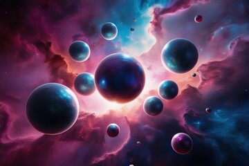 Naklejka premium Vibrant 3D Floating Orbs in Surreal Cosmic Nebula Formation