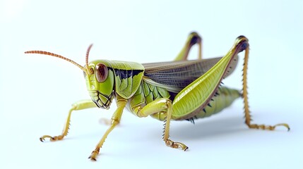Fototapeta premium Isolated close-up image of a whole grasshopper on a white background