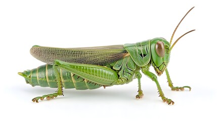 Full-body grasshopper captured in close-up, isolated on pure white