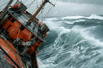 Dramatic Tilt: A Ship Struggling Against the Forces of Nature, Teetering on the Edge of Balance