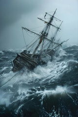 Obraz premium Dramatic Tilt: A Ship Struggling Against the Forces of Nature, Teetering on the Edge of Balance