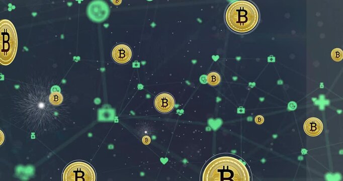 Animation of bitcoin icons and digital data processing with connections