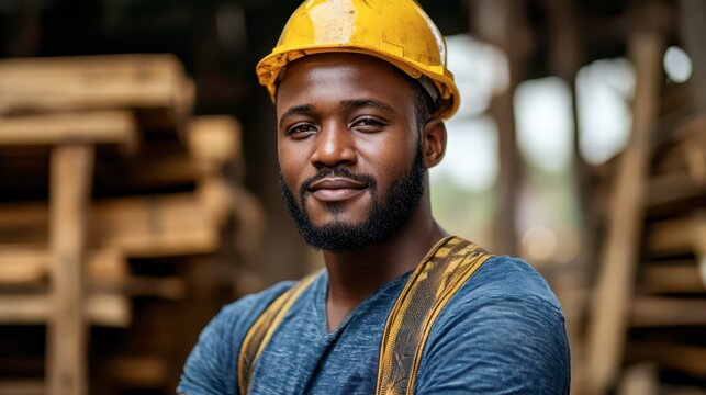 Confident construction worker stands proudly at a busy lumber yard