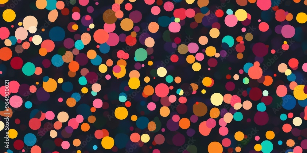 Poster abstract colorful background with many bright circles and dots on dark backdrop.