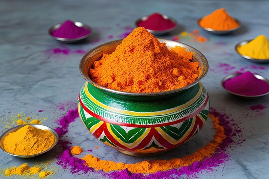 Holi Colors in Traditional Pot on Clear Background
