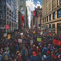 Obraz premium Rising Voices: A City Unites in Protest for Change and Justice Amidst Urban Backdrop