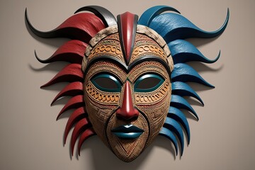 Intricate Three-Dimensional Tribal Mask Design Featuring Vibrant Colors and Detailed Textures