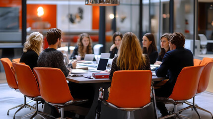 Obraz premium A group of professionals sitting around a modern conference table in a formal meeting, discussing ideas and working together. 