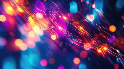 Abstract blurry neon lights in bright colors on a dark background, resembling a microscopic photo with a dynamic futuristic touch
