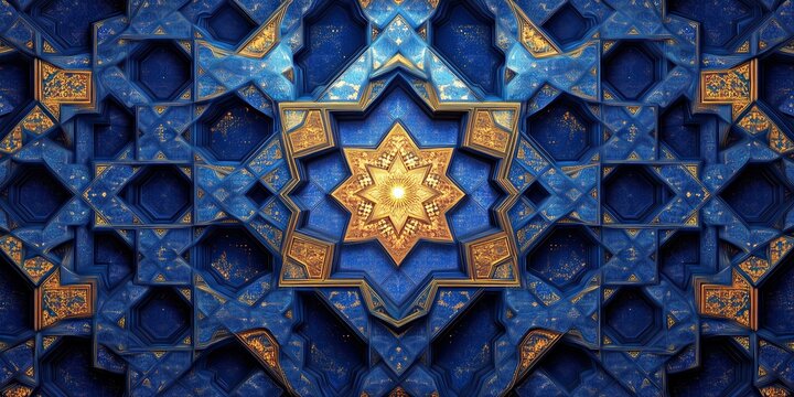 Intricate blue and gold geometric star pattern inspired by Islamic art. Ornate design.