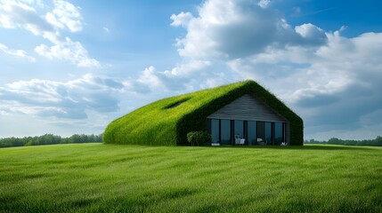 Obraz premium House surrounded by green grass in a field under blue sky