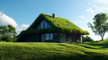 Fototapeta premium Scenic green grass house in field, perfectly under blue sky