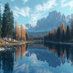 Majestic Mountain Lake with Autumn Forest and Clear Reflection