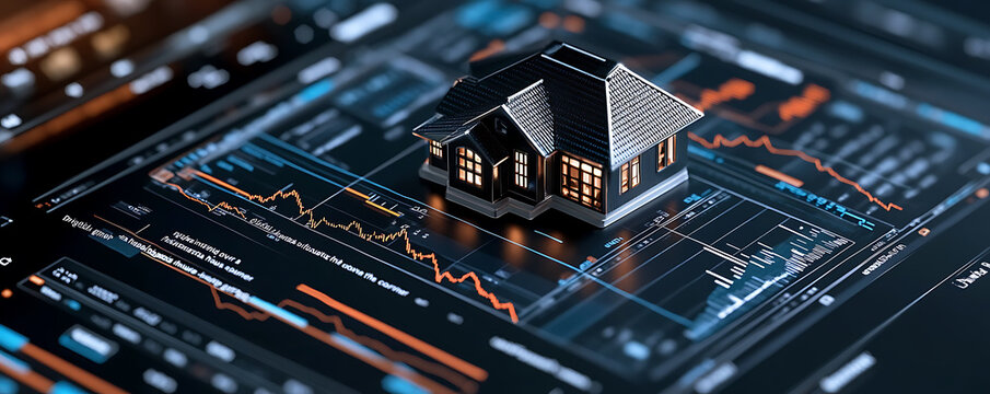 "Digital graph showing mortgage interest rates fluctuating over time, with a house icon in the corner"