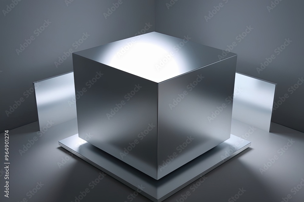 Poster illuminated 3d silver cube in a dynamic void