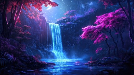 Fototapeta premium Beautiful futuristic forest with neon-colored trees, a glowing waterfall, and moonlight, featuring a cyberpunk aesthetic and dynamic vector design