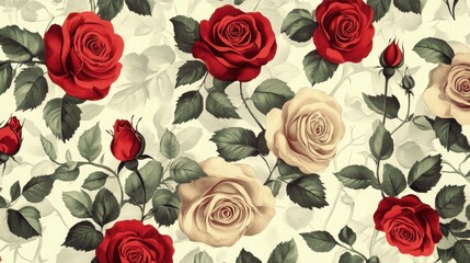Obraz premium Beautiful vintage seamless pattern of roses and leaves, perfect for fashion prints and home decor, with a realistic background