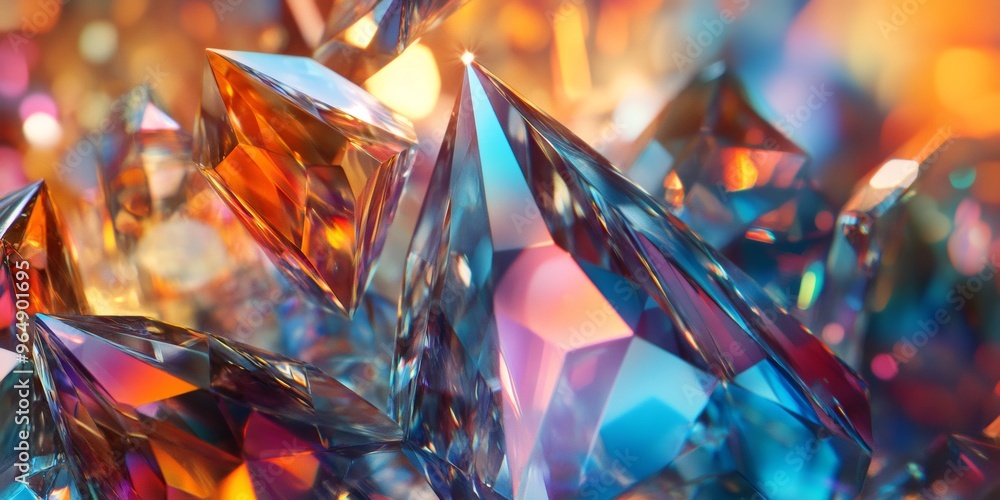 Poster abstract colorful geometric shapes of bright iridescent glass with bokeh and sparkle on background.