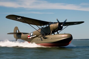 Charming Vintage Seaplane in Motion Classic WWII Transport Watercraft Design
