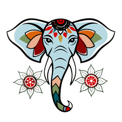 Obraz premium Whimsical elephant portrait with vibrant floral patterns representing joy and wisdom