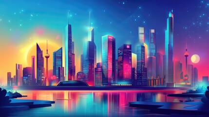 Fototapeta premium Colorful retro-futurism cityscape with skyscrapers towering over a river, set against a cyberpunk-inspired vector landscape