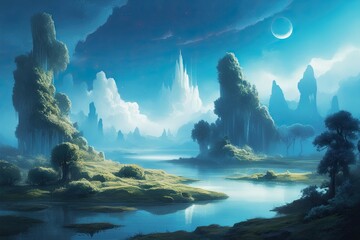 Serene Ethereal Landscape Illustration with Deep Blue Atmosphere and 3D Depth