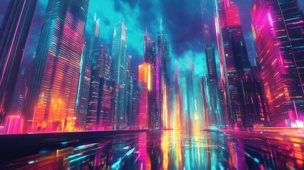 Colorful retro-futuristic cityscape with towering skyscrapers and a river, captured in a cyberpunk style with a dynamic vector background