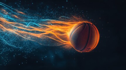 A basketball is in the air with a blue and orange trail behind it