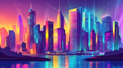Cyberpunk-inspired cityscape with colorful retro-futuristic skyscrapers and a river, set in a dynamic vector background