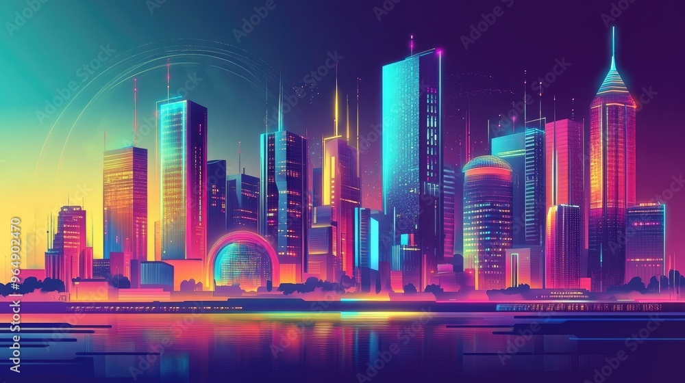 Wall mural futuristic city with colorful retro skyscrapers by a river, detailed in a cyberpunk style and set ag