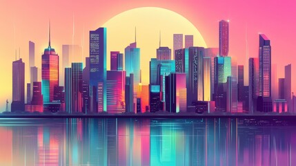 Futuristic city with colorful retro skyscrapers by a river, detailed in a cyberpunk style and set against a dynamic vector background