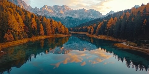 Majestic Mountain Lake with Autumn Forest and Clear Reflection