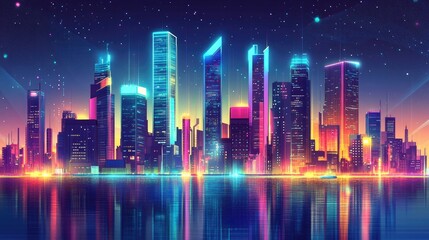 Futuristic city with colorful retro skyscrapers by a river, detailed in a cyberpunk style and set against a dynamic vector background
