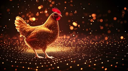 Chicken glowing brightly with dotted light on dark picture