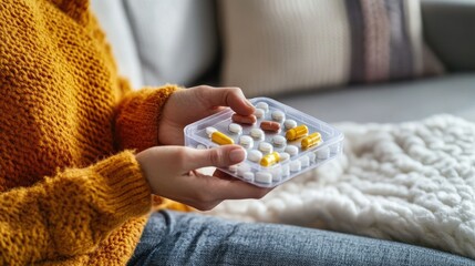 Close up of woman's hand showing a few pills, emphasizing the importance of medication in her daily routine.