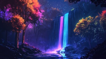 Obraz premium Futuristic forest landscape with colorful trees, a glowing waterfall, and moonlight, designed in a retro-futurism cyberpunk vector
