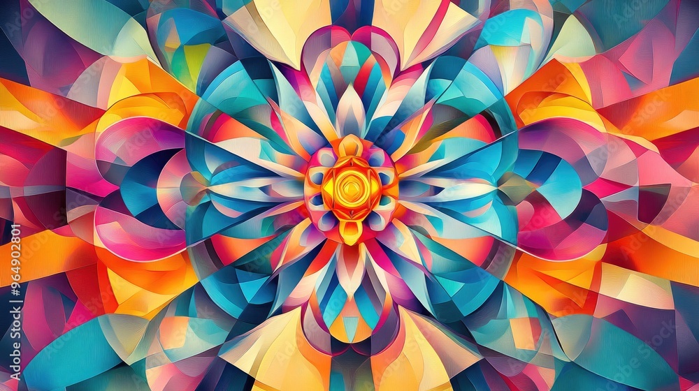 Poster mesmerizing digital artwork with vibrant colors and abstract swirling patterns, combining geometric 