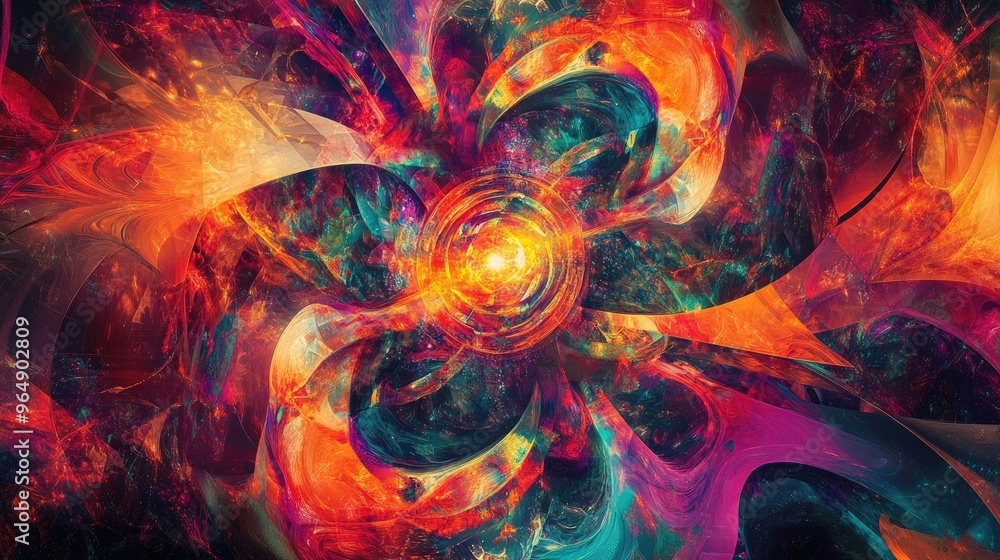 Poster mesmerizing digital artwork with vibrant colors and abstract swirling patterns, combining geometric 