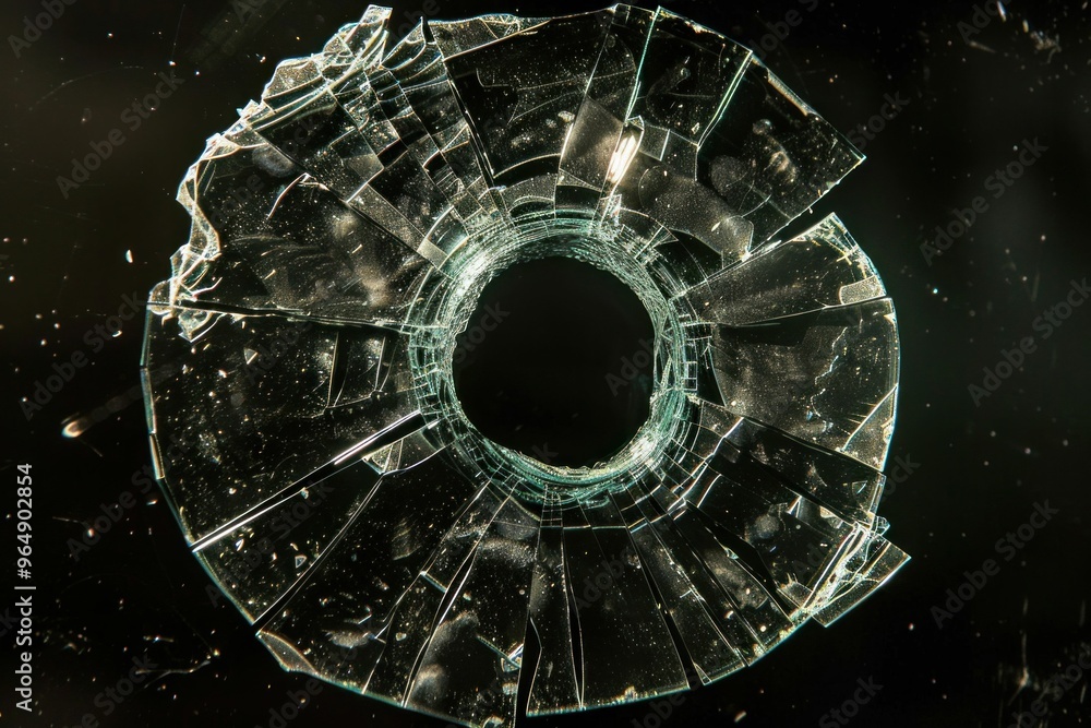 Poster broken glass circular shape, sharp edges, black background the shattered glass creates a striking vi