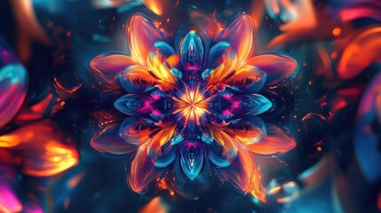 Mesmerizing kaleidoscope-inspired digital artwork with vibrant colors, abstract swirling elements, and dynamic futuristic shapes