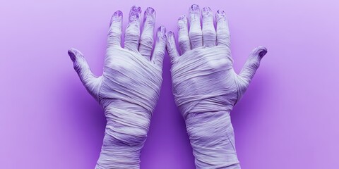Two hands with bandages showing palms on purple background