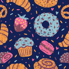 Seamless pattern of desserts. Pattern with donut, croissatns, cookies and cupcakes.
