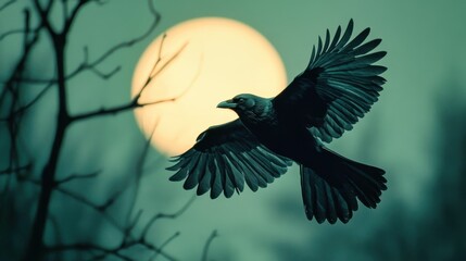 Black crow flying in moonlight with spread wings