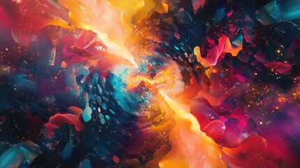 Swirling patterns and vibrant colors explode in a futuristic digital artwork, with geometric shapes creating a kaleidoscope-inspired effect