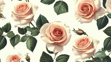 Timeless vintage seamless pattern featuring roses in bloom and leaves, ideal for fashion, home decor, and invitations with a realistic background