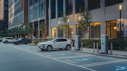 A public parking street with multiple charging points for electric vehicles.