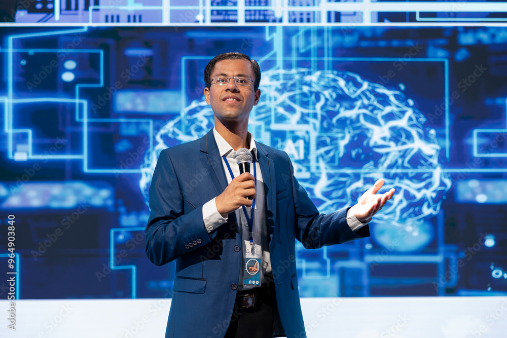 Poster speaker talking at event bringing together brightest minds in the industry to share insights on late