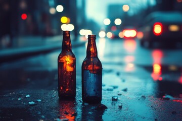 Two empty beer bottles are on the ground in the rain